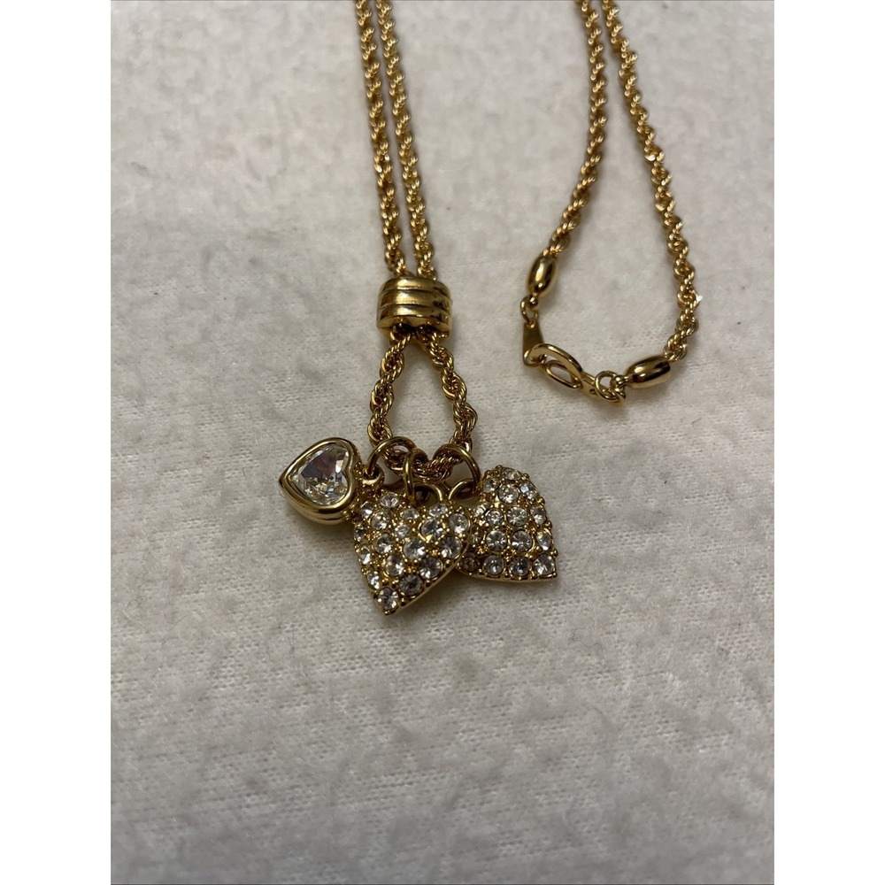 Swarovski Crystal Heart Pendant Necklace Gold Tone Three Hearts Jewelry Clasp